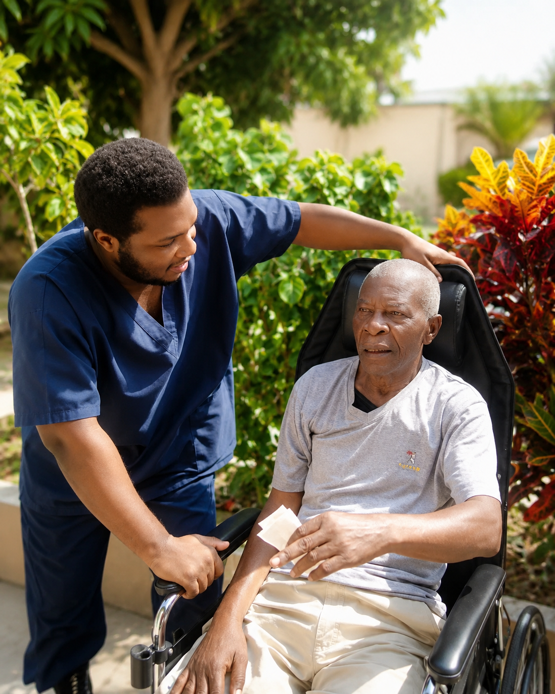 JASBEK caregiver supporting an older client outdoors.