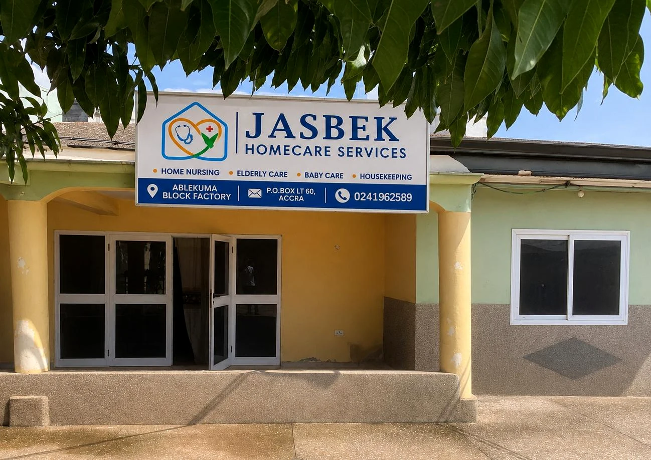 JASBEK Home Care Services office signboard and location at Ablekuma.