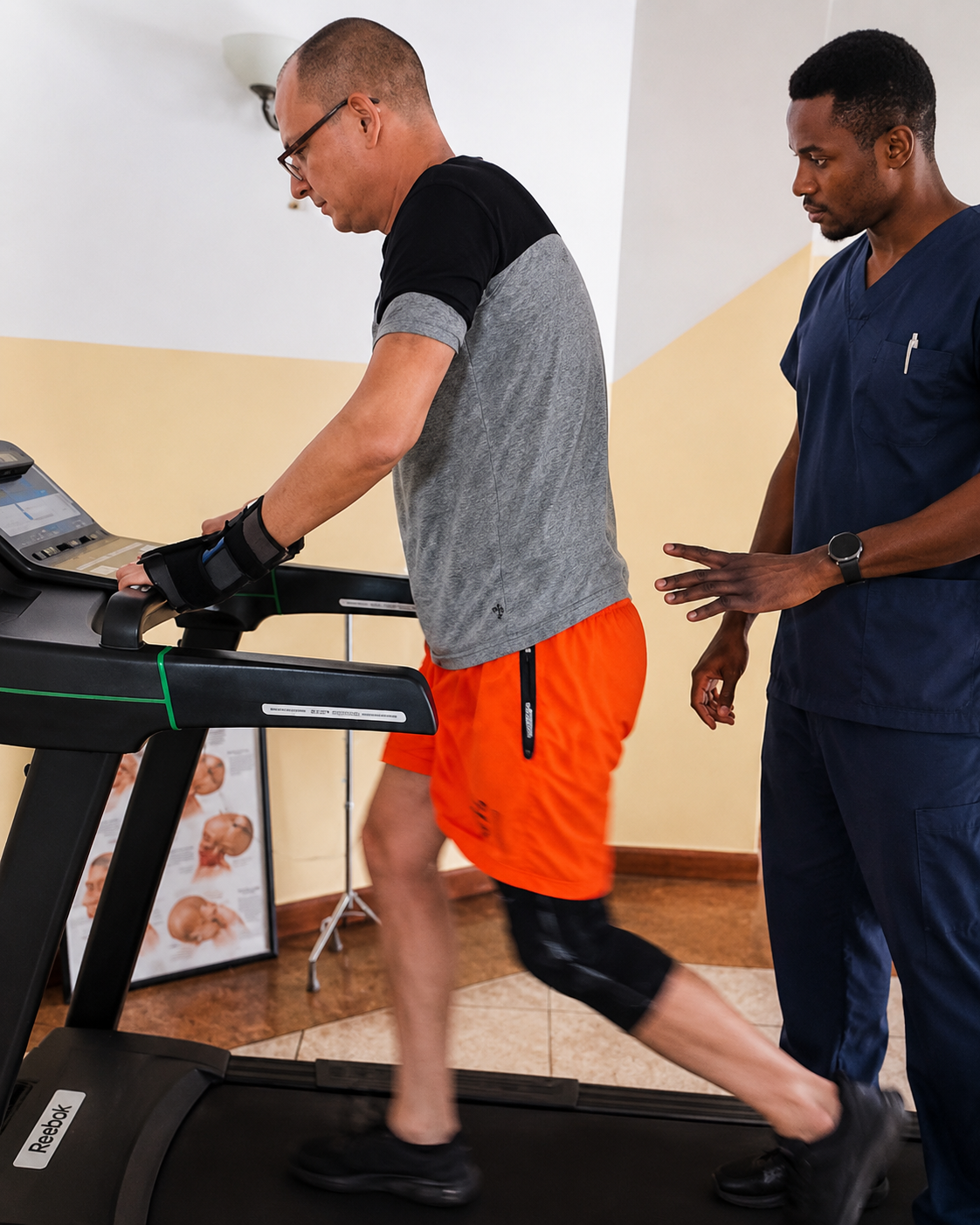 JASBEK supervised physical therapy on a treadmill.